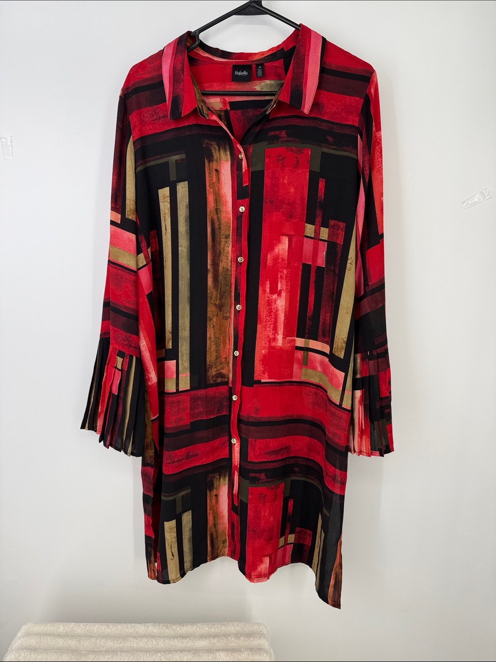 Rafaella “Modernist” Abstract Print Button-Front Shirt Dress - Red 14